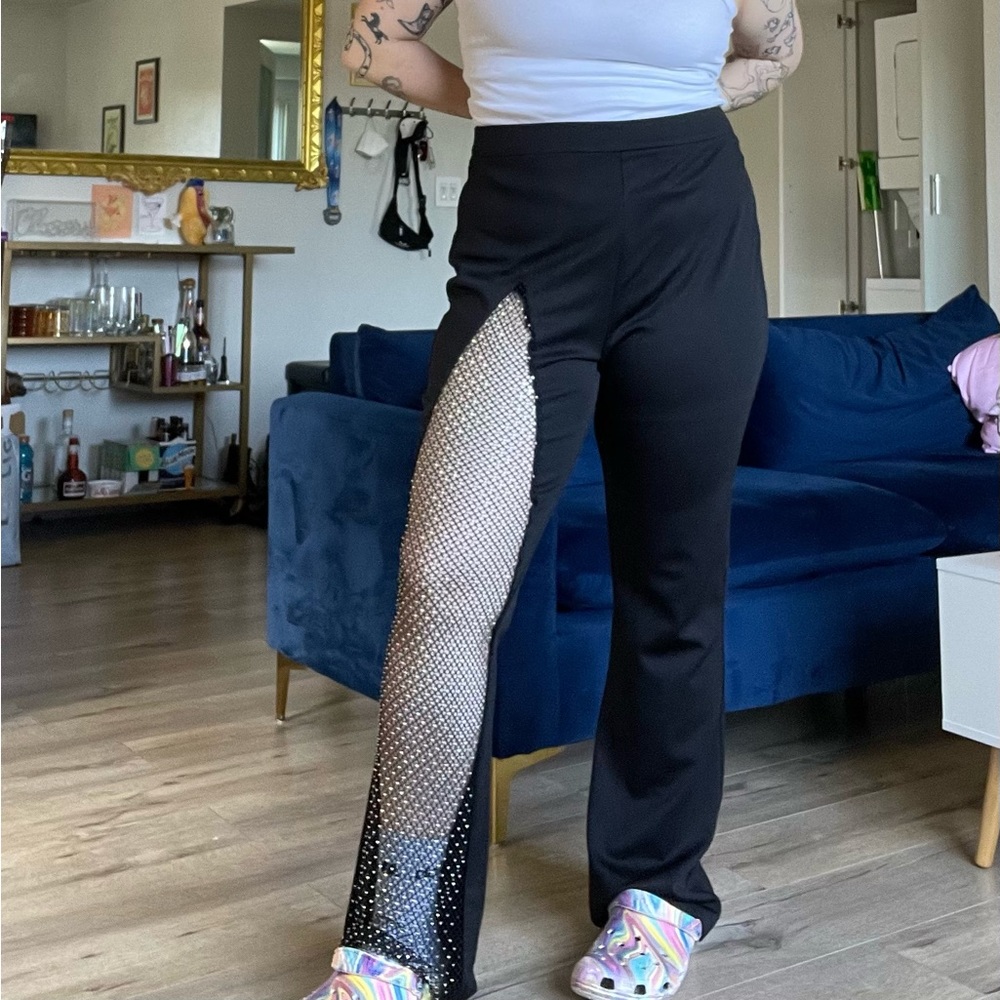 Flared Dress Pant with Holographic Fishnet Cutout